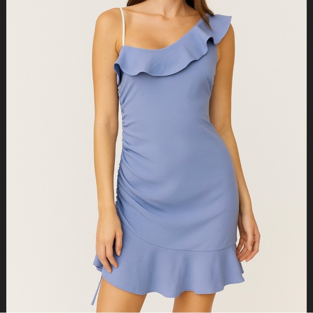 TULAROSA blue ruffle one shoulder drawstring mini dress